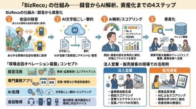 現場の会話をAIで分析し、ナレッジとして活用する「BizReco」のフローチャート。