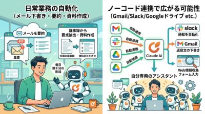 AIがメール要約や資料作成、各種サービス連携を通じて日常業務を自動化し、効率化する様子を示す概念図。