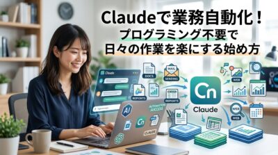笑顔の女性がノートPCでClaudeを使い業務を自動化する様子。AIによる効率的な作業フローが視覚化されている。