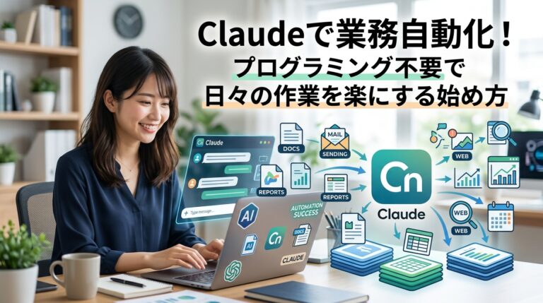 笑顔の女性がノートPCでClaudeを使い業務を自動化する様子。AIによる効率的な作業フローが視覚化されている。