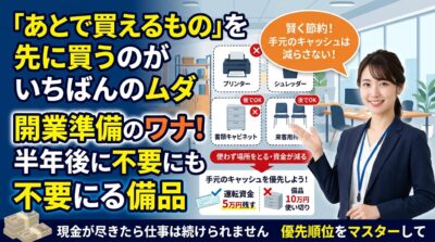開業準備における無駄な備品購入を避け、手元資金を温存する賢い節約術を解説する画像。