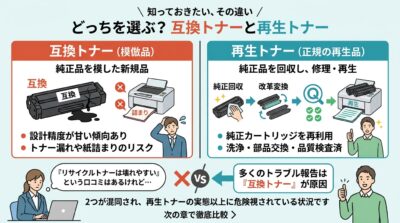 互換トナーと再生トナーの品質と安全性を比較する図解。互換トナーのトラブルリスクと再生トナーの品質管理を解説。