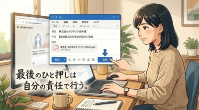 PCで請求書メールの「送信」ボタンを押す直前の女性。モニターには「最後のひと押しは自分の責任」と表示。