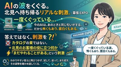 AIの進化を説明するビジネス資料。笑顔の女性が立ち、過去の技術とAIを比較。