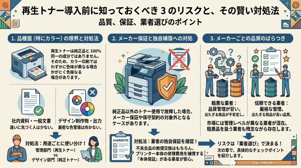 再生トナー導入における品質、保証、業者選びの3つのリスクと対処法を示す図。