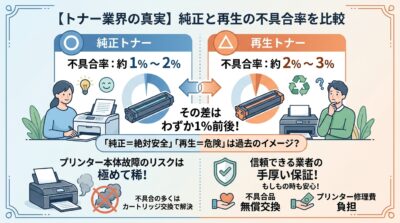 純正トナーと再生トナーの不具合率を比較した情報図。