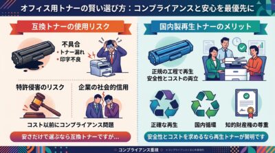 オフィス用トナーの選び方に関するインフォグラフィック。互換トナーのリスクと再生トナーのメリットを比較し、コンプライアンスと安全性を強調。