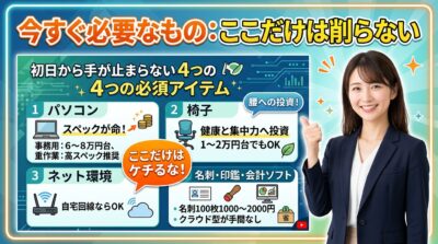 笑顔の女性が「ここだけは削らない」必須アイテムを解説するグラフィック。
