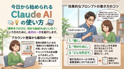 Claude AIの導入と効果的なプロンプト作成のコツを説明するイラスト。