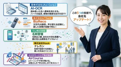 笑顔の女性がAI-OCRや名刺管理など5つのDXソリューションを紹介する画像。