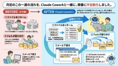 手作業の業務がClaude Coworkで半自動化され効率化する様子を示すインフォグラフィック。