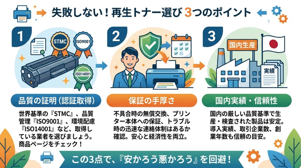 再生トナー選びの3つのポイントを示すインフォグラフィック。品質、保証、国内実績の重要性を解説。