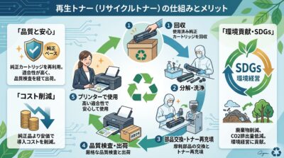 再生トナーの回収から製造、利用、品質、コスト、環境貢献のメリットを示す図。