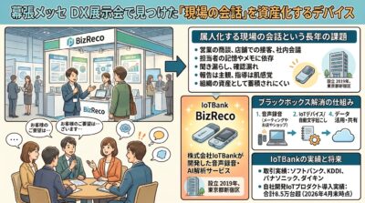 現場の会話を記録・解析し資産化するBizRecoサービスの解説図