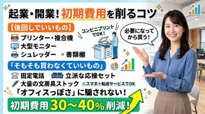 起業の初期費用を削減するコツを解説するインフォグラフィック。笑顔の女性が、購入を後回しにするものや不要なものを指し示しています。