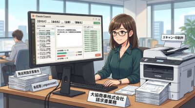 オフィスで笑顔の女性がPCと複合機で請求書を処理する様子。