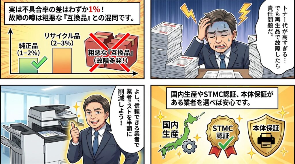 プリンターのトナー選びについて解説する漫画。品質、コスト、信頼できる業者を見極めるポイントを複数のイラストで説明している。