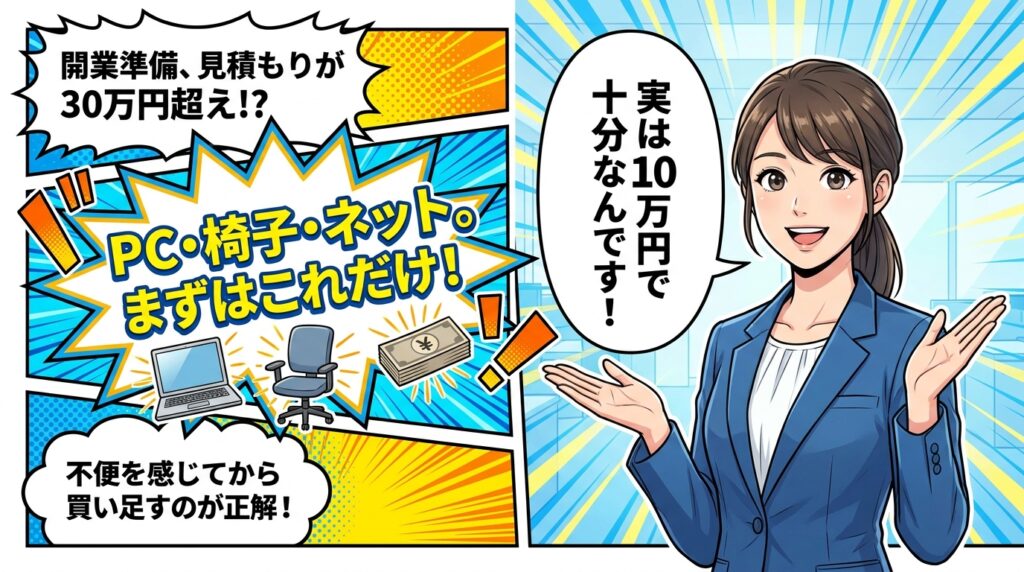 開業準備の初期費用を10万円に抑える方法を説明する、ビジネスウーマンとコミック風のイラスト。