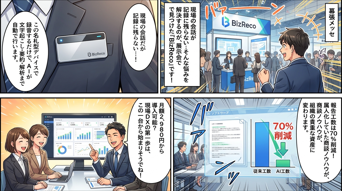 BizRecoというAIデバイスが会議を記録し、業務効率化と報告工数70%削減に貢献する漫画。
