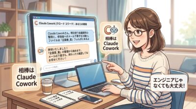 笑顔の女性がAIアシスタント「Claude Cowork」とチャットしながらPCで作業しているイラスト。