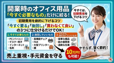 開業時のオフィス用品の初期費用を抑えるコツを解説するインフォグラフィック。
