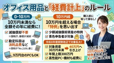 オフィス用品の経費計上ルールを説明するインフォグラフィック。ビジネススーツの女性が指差し、10万円を境にしたルールを解説。