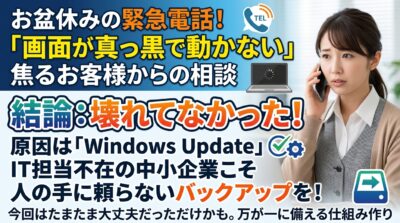 電話で困る女性と、Windows Update画面トラブルの解決、自動バックアップを促す広告。
