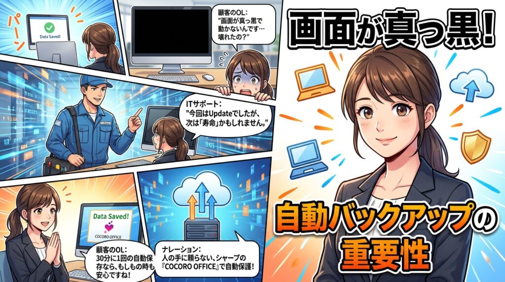PCトラブルで困るOLと、自動バックアップで安心する女性のイラストと漫画。