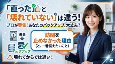 笑顔の女性がデータバックアップの警告を提示。「直った」と「壊れていない」は違うと訴える。