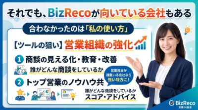 営業DXツールBizRecoの活用法を説明する女性と資料