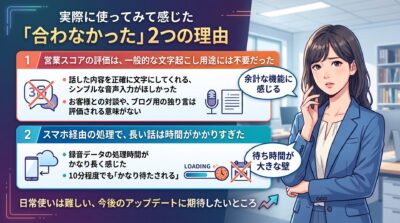 音声入力サービスの不満点2つを説明する女性イラスト付き図解