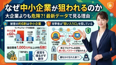 中小企業のサイバー攻撃被害と侵入口を説明する図解と女性解説者