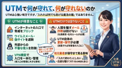 UTMの機能と限界、必要な運用対策を示す図解と女性社員
